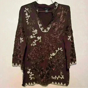 Once Again Tunic Blouse Brown Tan and Cream Ribbon Soutache Braid L Polyester